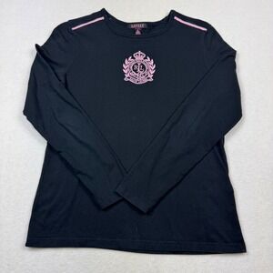 Lauren Ralph Lauren Women Long Sleeve Shirt‎ Medium Black Pink Crest Logo Cotton